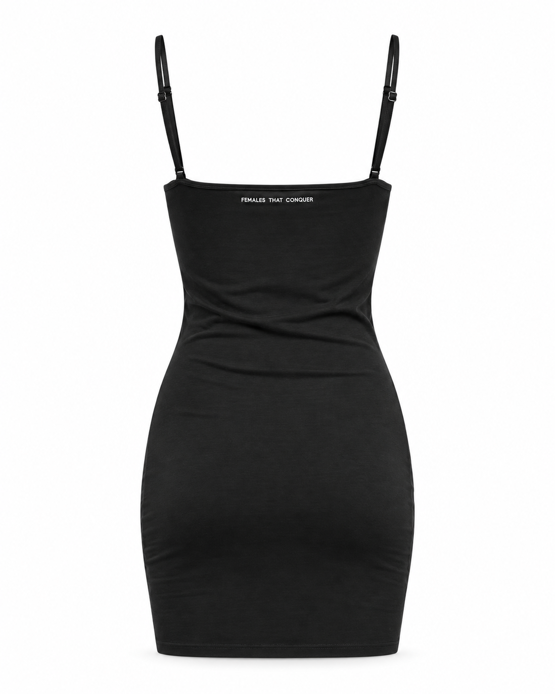 FTC Conquer Dress in Schwarz – freigestellte Rückansicht ohne Person, digitale Produktvisualisierung